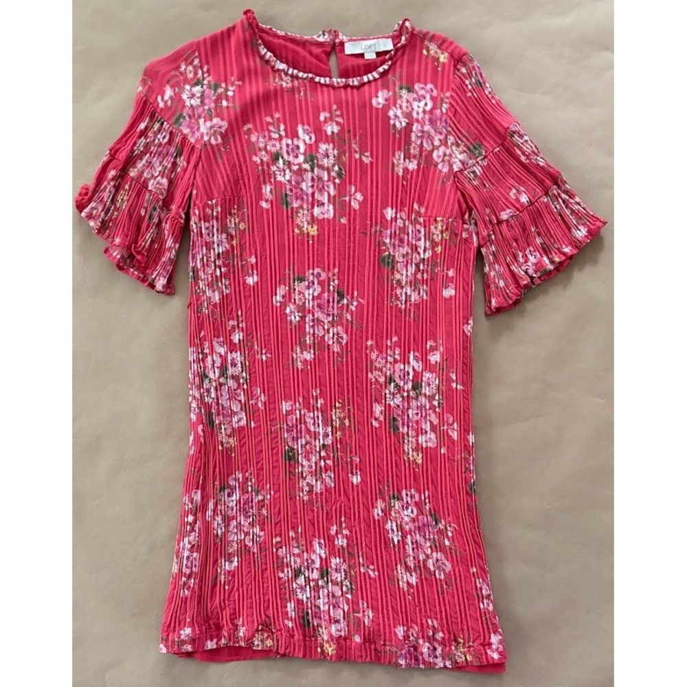 Loft Floral Pleated Dress Ruffle Neck Flutter Sleeve Womens S Romantic